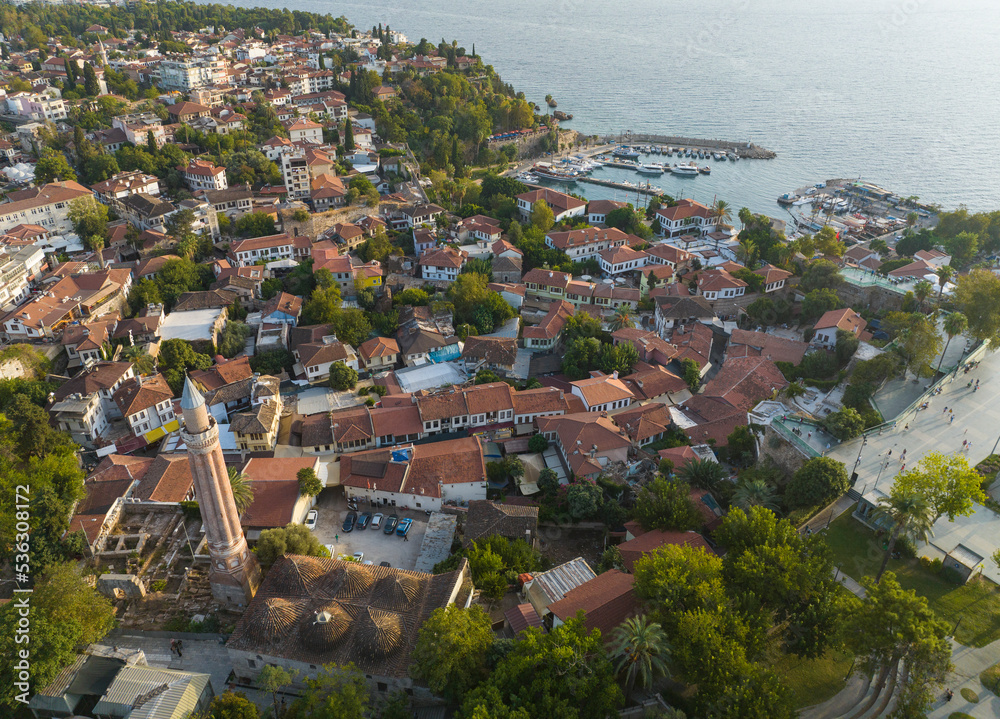 Fototapeta premium Kaleici Marina and Yivli Minaret Drone Photo, Kaleici Antalya City Center, Antalya Turkey
