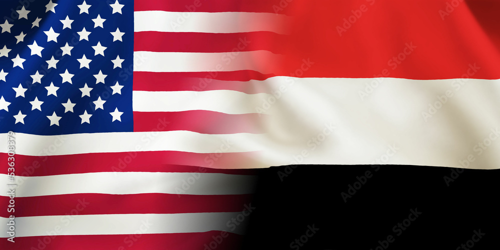 Yemen,USA flag together.Yemen,American waving flag. Yemen,USA flag together.Yemen,American waving flag.