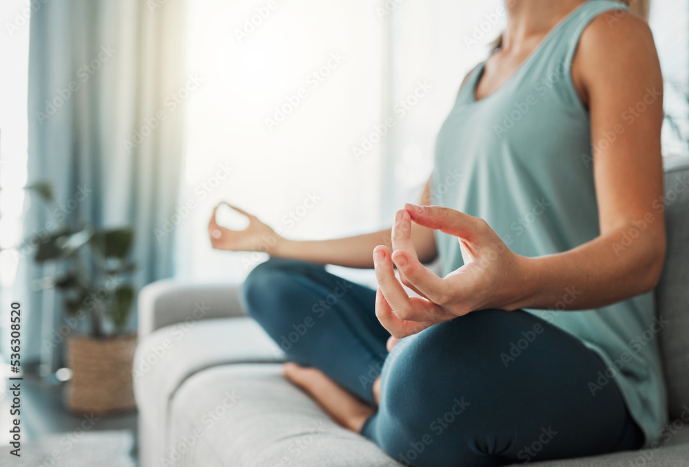Woman, meditation and mudra hands yoga home workout in lotus pose for exercise, peace and zen fitness. Calm mindset, wellness and healthy female on lounge sofa for balance, praying and relax energy