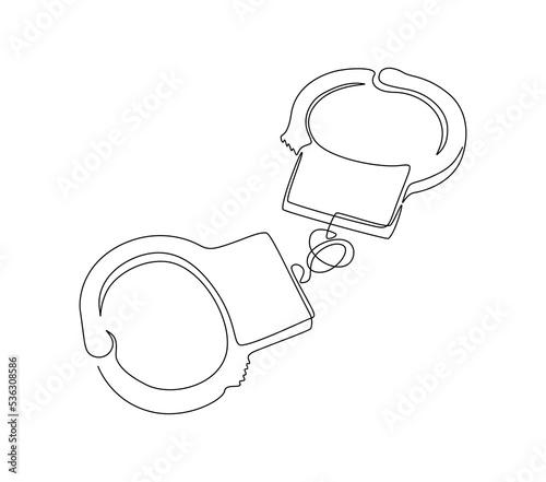 Handcuffs in one continuous line drawing. Symbol of police justice and jail prison concept in simple linear style. True crime thin icon with editable stroke. Doodle vector illustration