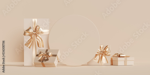 3D podium display, Christmas background for product presentation or text.  Gift box with gold ribbon. Beige birthday backdrop. Nude pedestal showcase.  Present Branding banner. 3D render mockup.