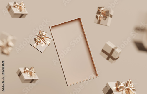 3D background display for product presentation or text.  Falling gift box with gold ribbon. Beige, nude pedestal showcase. Christmas or birthday present Branding banner. 3D render, shopping mockup. photo