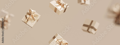 3D gift box, golden ribbon bow levitating on beige pastel background. Flying present abstract for woman. Creative realistic minimal gifts. Copy space banner for text. Birthday or Christmas 3d render photo