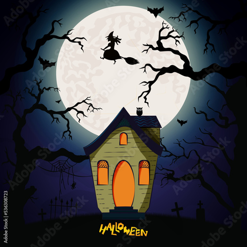 Halloween background with haunted house, full moon, pumpkins and trees,owl,witch