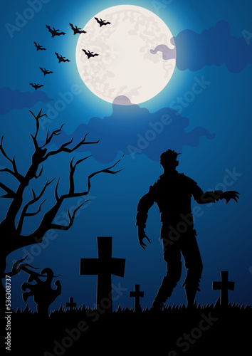 Halloween background. Haunted zombies on a graveyard in the creepy cemetery with moon and dark forest. Halloween design with copy space