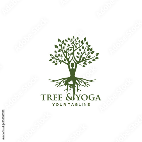 Tree yoga logo. Silhouette of a person in meditation in a round frame. The image of nature, the tree of life. Design of the emblem of the trunk, leaves, crown and roots of the tree.Yoga logo vector,