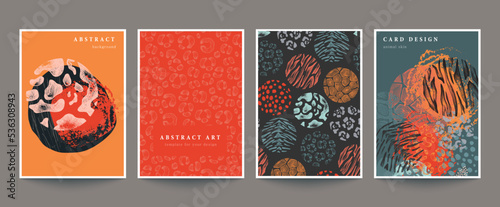 Collection of four vector cards or posters with hand drawn animal skin ornament. Set of modern trendy backgrounds