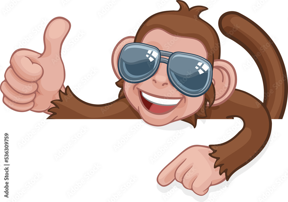 Monkey Sunglasses Thumbs Up Pointing Sign Cartoon