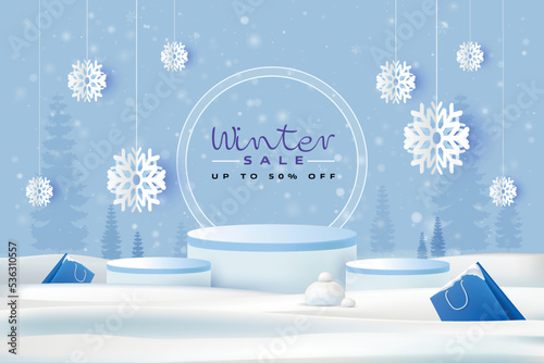 Winter sale banner template podium platform with snowflakes and shopping bags in snow