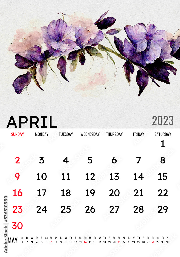 2023 april, monthly calendar, minimalistic design with beautiful ...