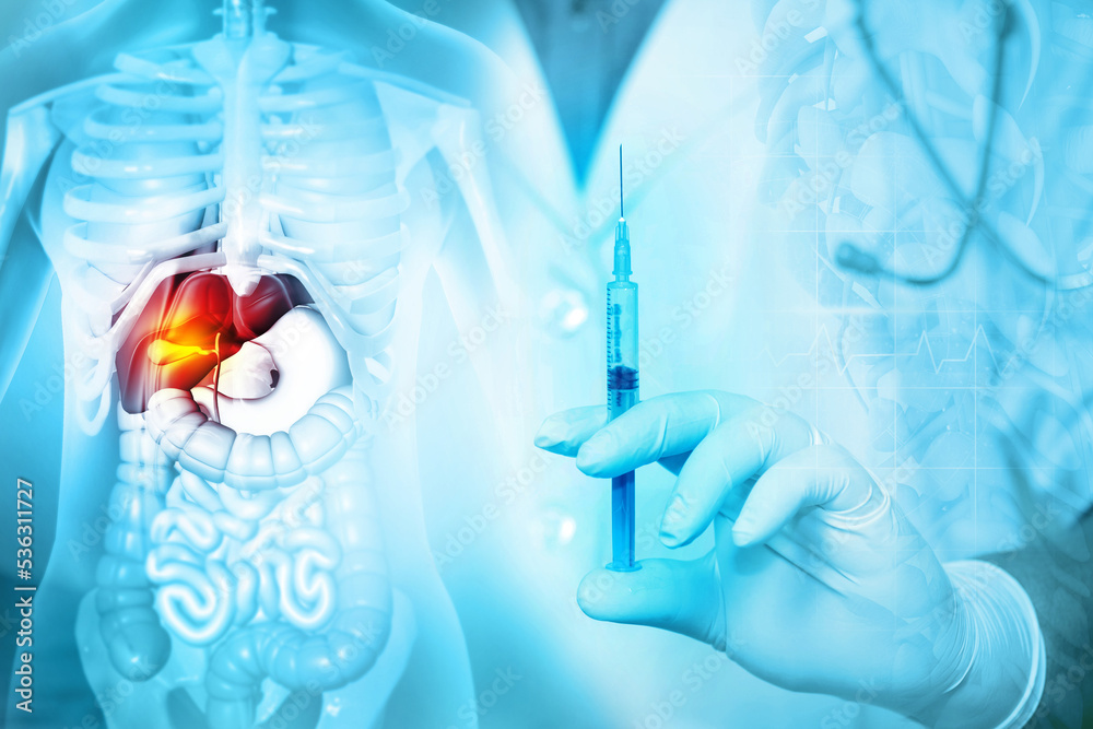 Liver disease treatment concept. Liver illness therapy, liver injection