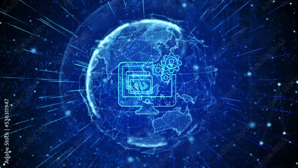 Software Development Digital Global Technology World Network connections Loop background. Digital Innovative transformation, Software development. Programmer workplace. automation, internet concept