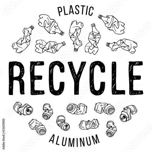 Hand drawn illustration of recyclable materials. Plastic and aluminum trash