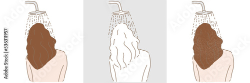 Back of young woman taking a shower and washing hair under shower. Daily routine. Set of different styles hand drawn flat vector illustration isolated on colored background.