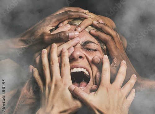 Fotografie Hands, face and woman abuse victim with fear, mental health and pain scared with smoke