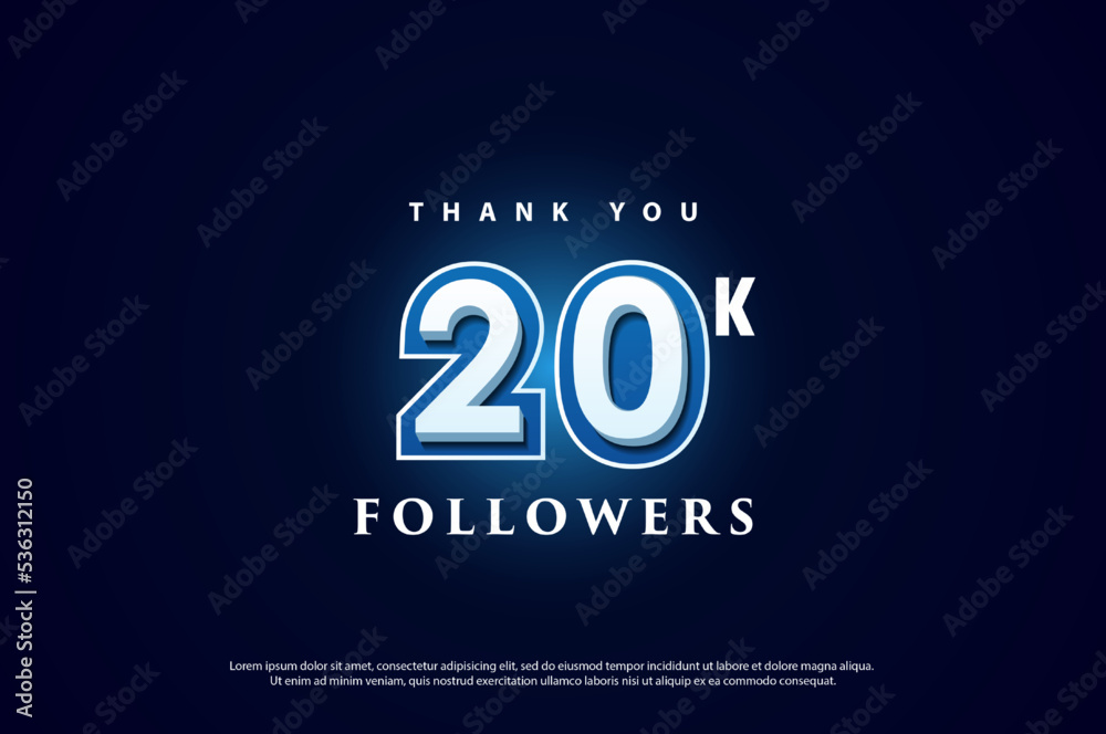 20k followers on blue background with blue light effect.