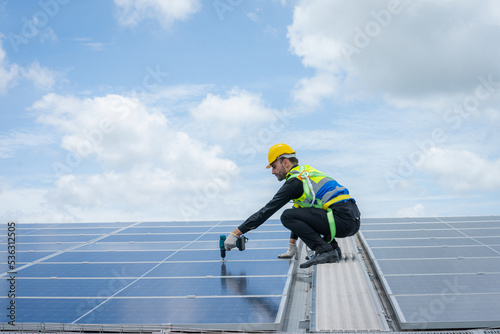 Technician checks and maintenance of the solar panel at solar power plant,Solar panels.