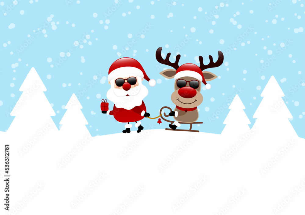 Weihnachtsmann Zieht Schlitten Mit Rentier Sonnenbrille Schnee Wald Blau Dunkelrot