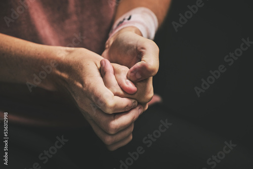 Woman with anxiety, hands scratch skin and stressed self harm picking mental health disorder. Nervous sad person with adhd or depression, stressed fear alone and depressed wound on black background