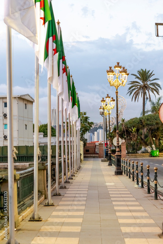 Algiers city empty Che Guevara Boulevard Street Road sidewalk with Algerian flags, light poles and the Martyr's Memorial monument. Cloudy sky in background.