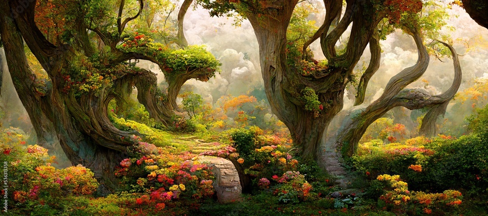 Obraz premium Enchanted magic kingdom forest, majestic ancient old oak trees towering high over the mystical woodland glade in warm autumn colors. Dreamy surreal fairytale fantasy art illustration.