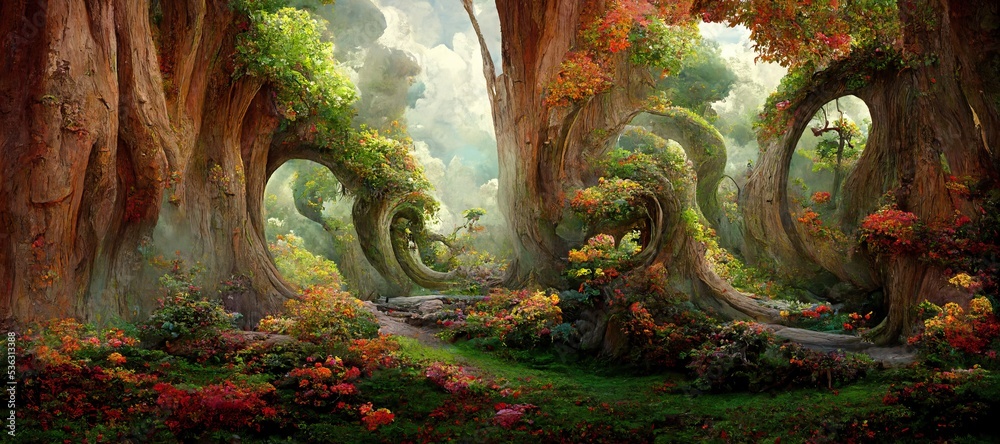Naklejka premium Enchanted magic kingdom forest, majestic ancient old oak trees towering high over the mystical woodland glade in warm autumn colors. Dreamy surreal fairytale fantasy art illustration.