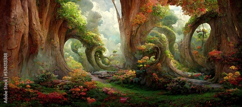 Enchanted magic kingdom forest, majestic ancient old oak trees towering high over the mystical woodland glade in warm autumn colors. Dreamy surreal fairytale fantasy art illustration. photo