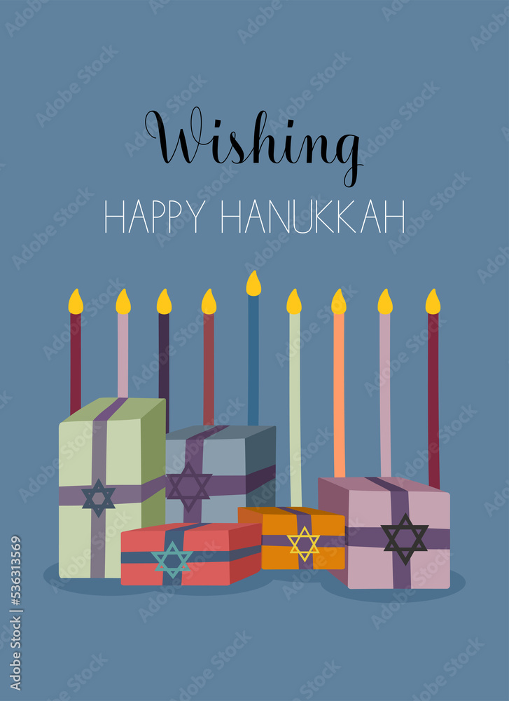 Greeting card or postcard template with Happy Hanukkah lettering and holiday symbols and attributes - menorah, sufganiyah doughnuts, olive branch, dreidels. Greeting card or postcard template with Happy Hanukkah lettering and holiday symbols and attributes - menorah, sufganiyah doughnuts, olive branch, dreidels.