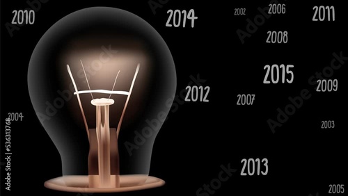 Shining single light bulb with fiber in a shape of number 2023 isolated on black background. New Year concept. High quality 4k video.