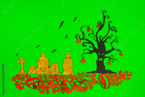 Halloween Tree with Orange Pumpkins on the green screen background.