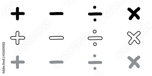 Basic mathematical operations symbol. Plus, minus, division and multiplication sign. Vector illustration isolated on white background.