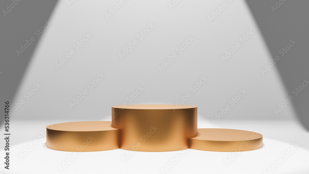 Golden 3D pedestals or podium for winners of a competition or challenge, achievement or award celebration concept with spotlight lighting and copy space for text Golden 3D pedestals or podium for winners of a competition or challenge, achievement or award celebration concept with spotlight lighting and copy space for text