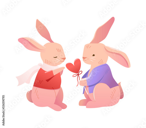Cute couple of rabbits in love isolated. Bunny gives a heart candy. Poster design or greetings cards, invitations.  