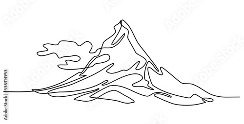 Mountain with a Сloud Continuous Line Drawing Winter Mountain Peaks Snow Landscape One Line Drawing Vector Illustration Isolated on a white Background