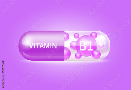 Capsule vitamin B1 structure purple and white It's transparent and vitamin pill is on inside. Beauty concept. Personal care. 3D Vector Illustration. transparent capsule pill. Drug business concept.
