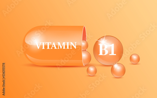 Capsule vitamin B1 structure orange and white with circular bubbles flowing out oran background. Beauty concept. Personal care. 3D Vector Illustration. transparent capsule pill. Drug business concept.