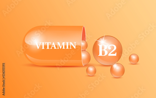 Capsule vitamin B2 structure orange and white with circular bubbles flowing out orange background. Beauty concept. Personal care. 3D Vector Illustration. transparent capsule pill. Drug business concep