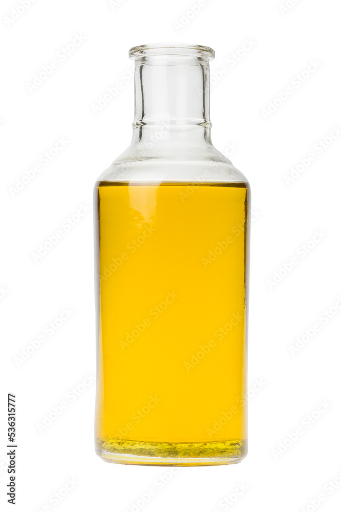 Bottle with oil without cap, PNG isolated on transparent background  