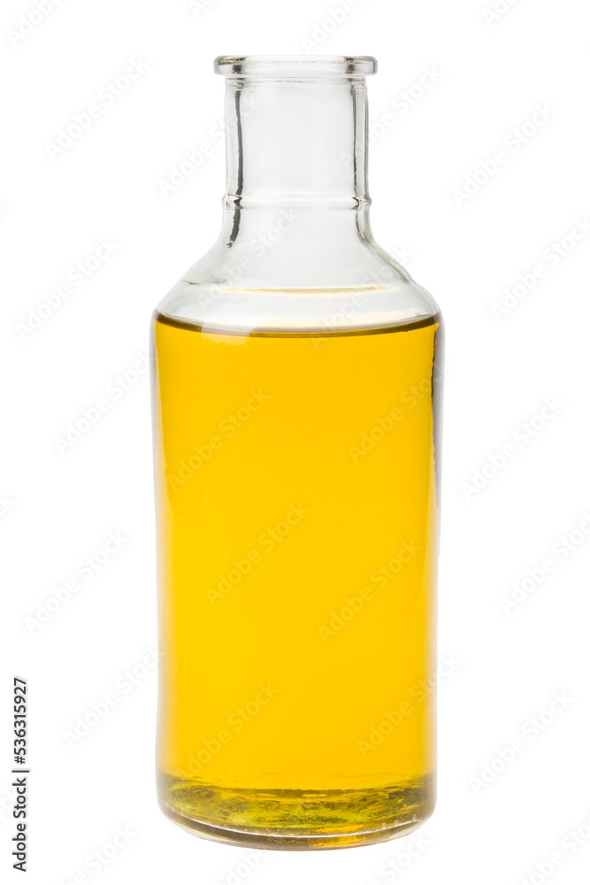 Bottle with oil without cap, PNG isolated on transparent background  