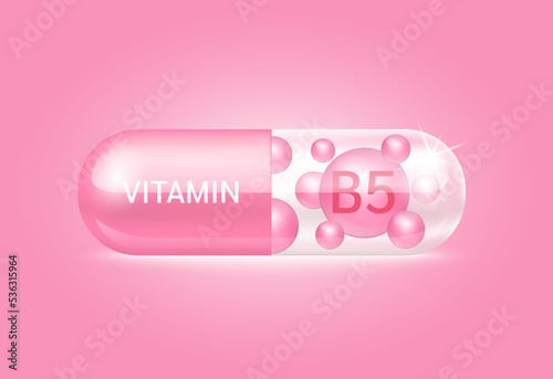 Capsule vitamin B5 structure pink and white It's transparent and vitamin pill is on inside. Beauty concept. Personal care. 3D Vector Illustration. transparent capsule pill. Drug business concept.