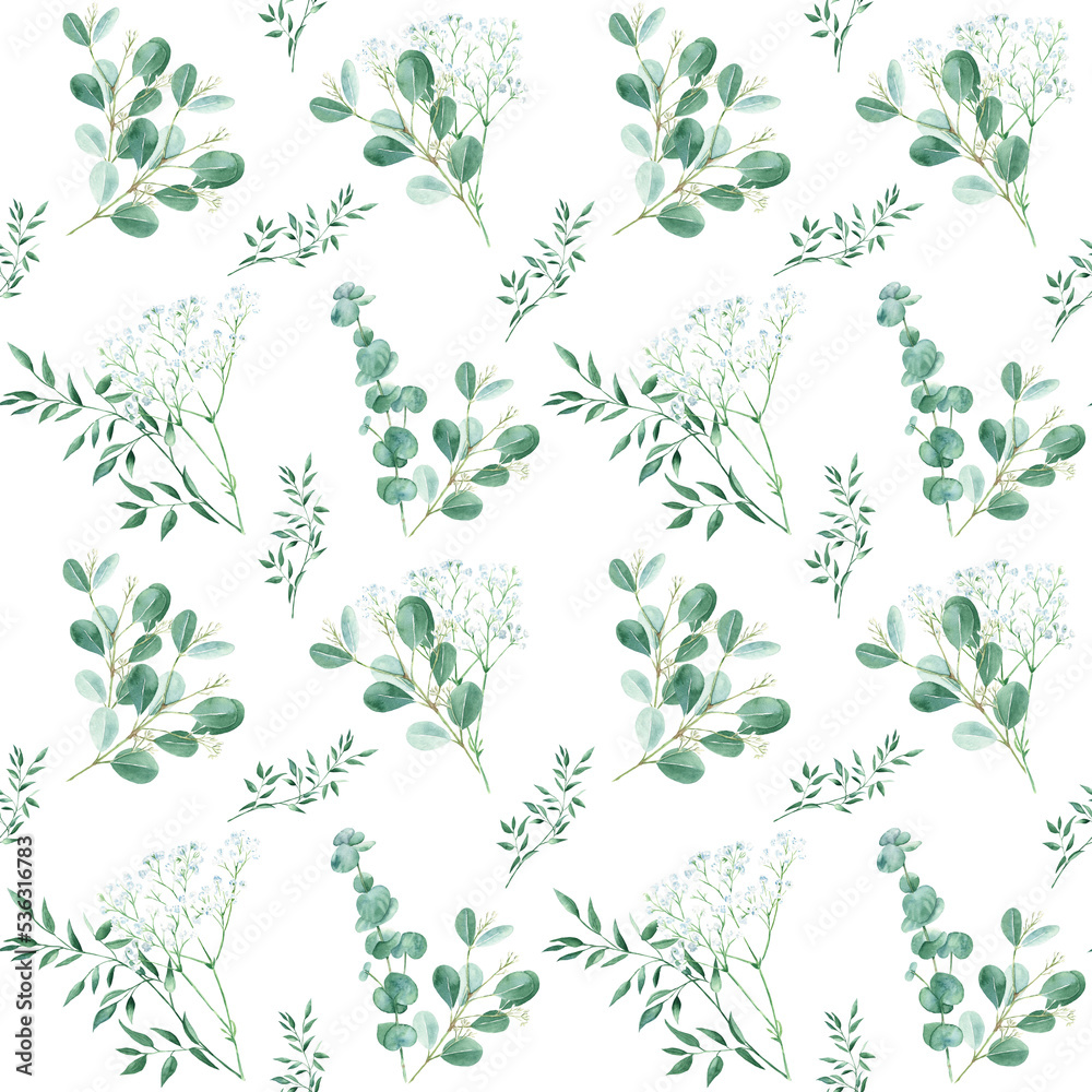 Seamless pattern with eucalyptus, gypsophila and pistachio branches on white background. Watercolor illustration. Can be used for wedding prints, gift wrapping paper, backgrounds for Valentine's day