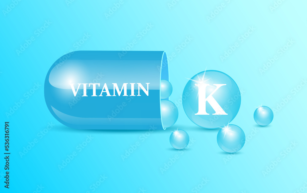 Capsule vitamin K structure blue and white with circular bubbles flowing out blue background. Beauty concept. Personal care. 3D Vector Illustration. transparent capsule pill. Drug business concept. Capsule vitamin K structure blue and white with circular bubbles flowing out blue background. Beauty concept. Personal care. 3D Vector Illustration. transparent capsule pill. Drug business concept.