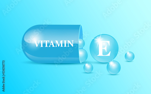 Capsule vitamin E structure blue and white with circular bubbles flowing out blue background. Beauty concept. Personal care. 3D Vector Illustration. transparent capsule pill. Drug business concept.