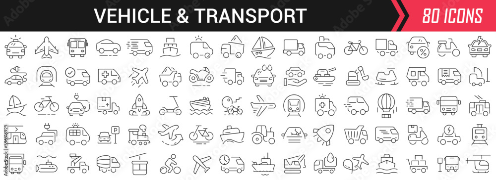 Vehicle and transport linear icons in black. Big UI icons collection in a flat design. Thin outline signs pack. Big set of icons for design