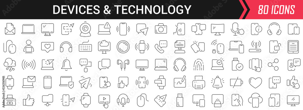 Device and technology linear icons in black. Big UI icons collection in a flat design. Thin outline signs pack. Big set of icons for design