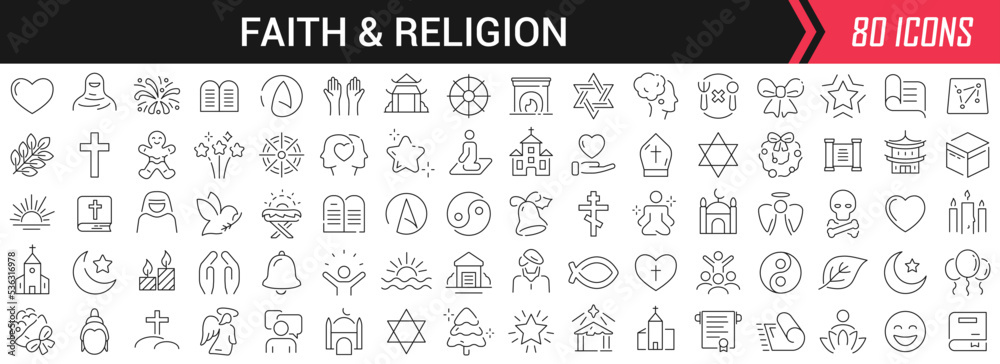 Faith and religion linear icons in black. Big UI icons collection in a flat design. Thin outline signs pack. Big set of icons for design