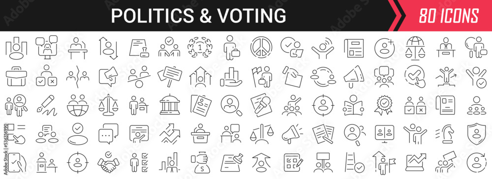Politics and voting linear icons in black. Big UI icons collection in a flat design. Thin outline signs pack. Big set of icons for design - obrazy, fototapety, plakaty 
