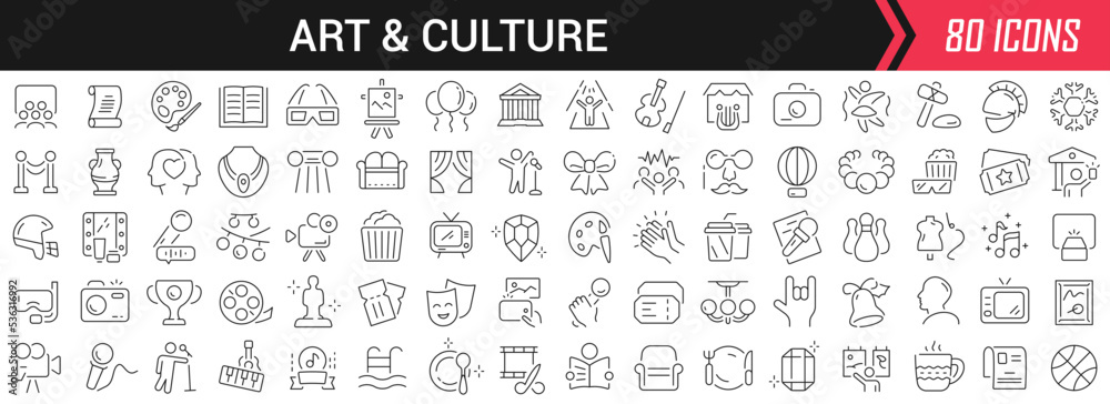 Art and culture linear icons in black. Big UI icons collection in a flat design. Thin outline signs pack. Big set of icons for design Art and culture linear icons in black. Big UI icons collection in a flat design. Thin outline signs pack. Big set of icons for design