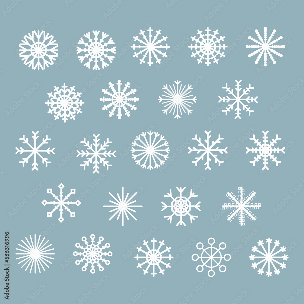 23 white snowflakes on a blue background. Winter. New year