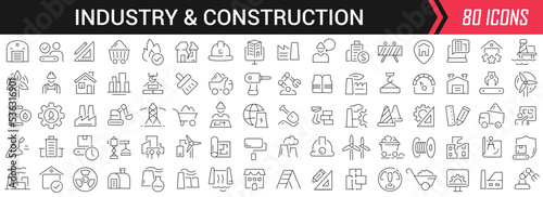 Industry and construction linear icons in black. Big UI icons collection in a flat design. Thin outline signs pack. Big set of icons for design